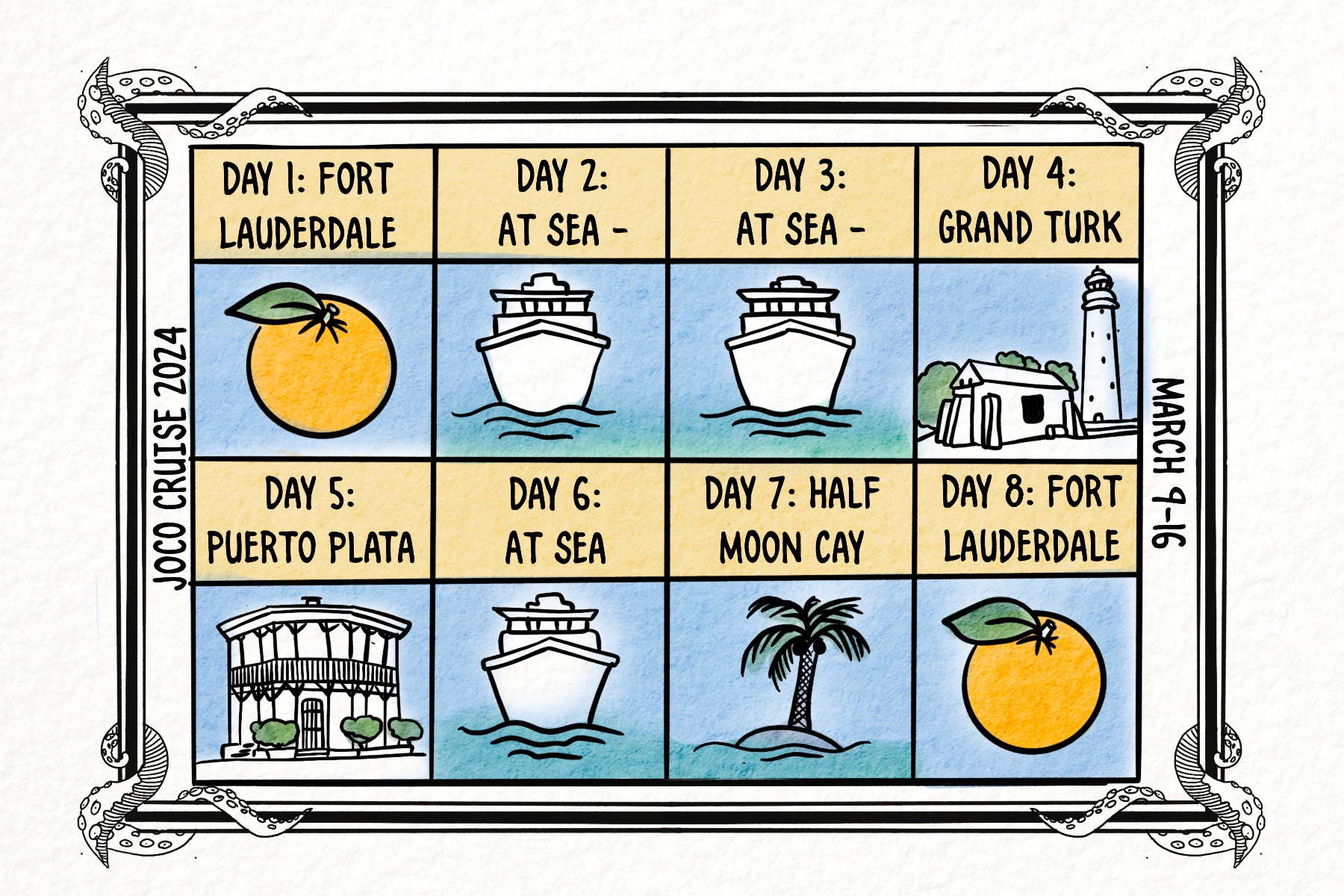 JocoCruise 2024 Itinerary Postcard